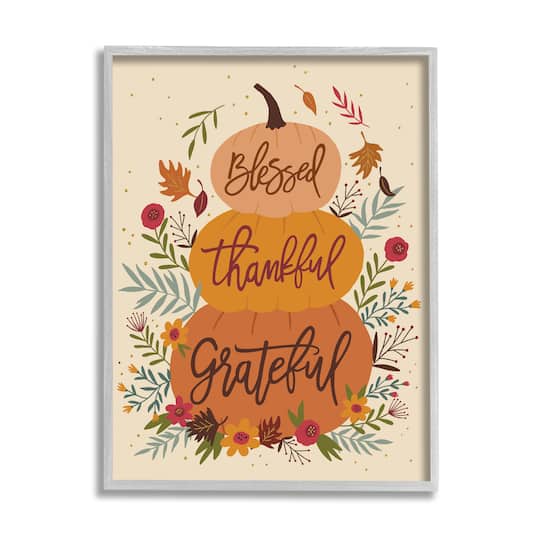 Stupell Industries Blessed Thankful Grateful Sentiments Stacked Orange Pumpkins in Frame Wall Art